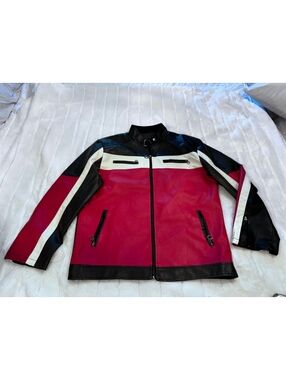 PU leather jacket motorcycle bike European Red black, white Men’s Extra Large